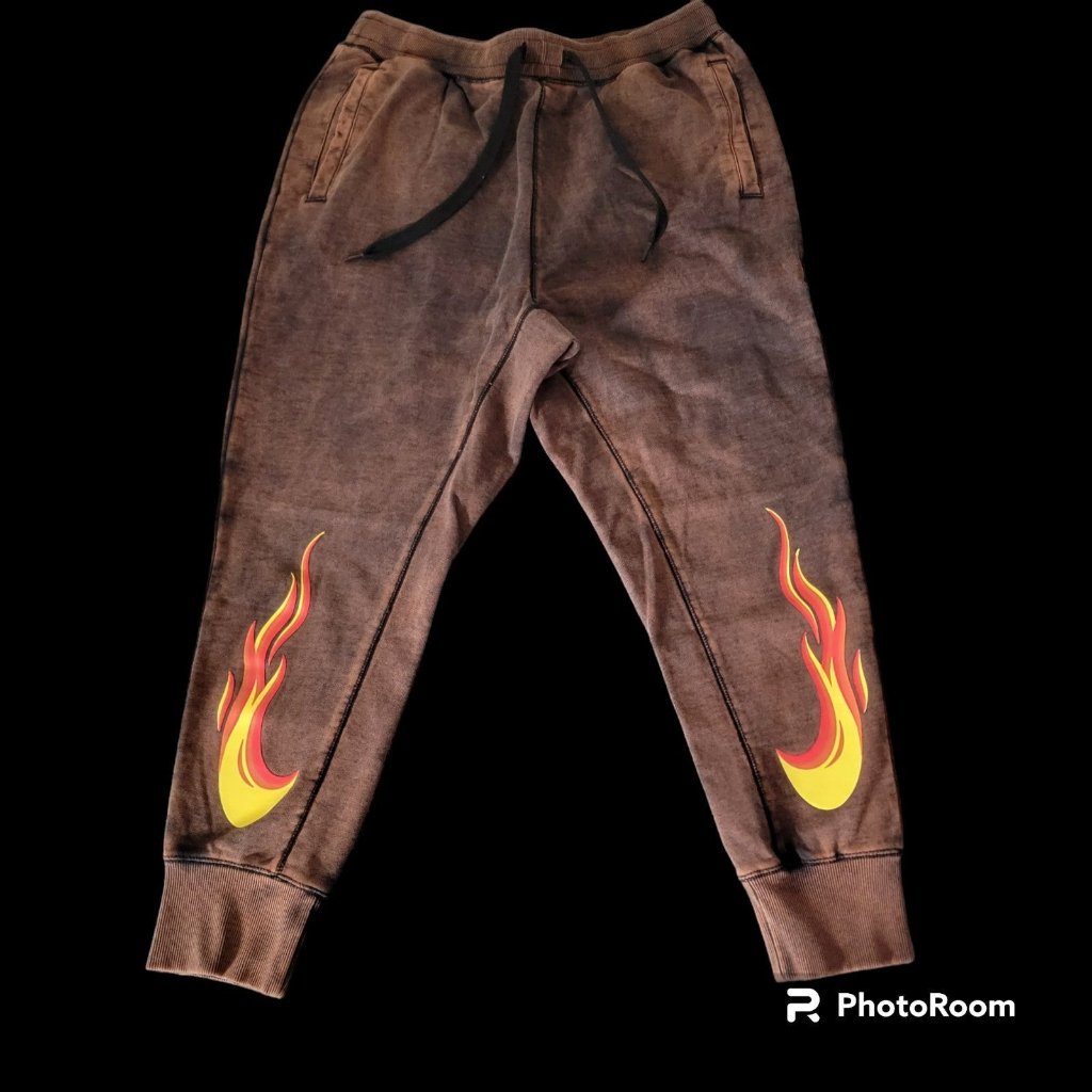 Nike Men Rust Black Washed Graphic Joggers Sweatpants Flames Size Medium